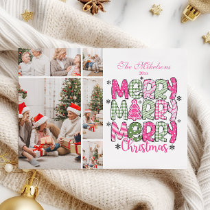  5 Photo Pink Green Merry Christmas Holiday Card