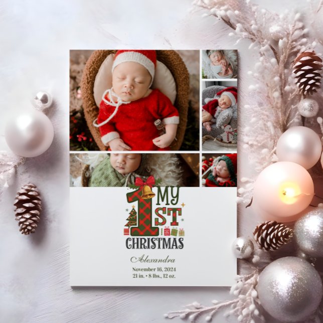 5 Photo Plaid First Christmas Holiday Card (Creator Uploaded)