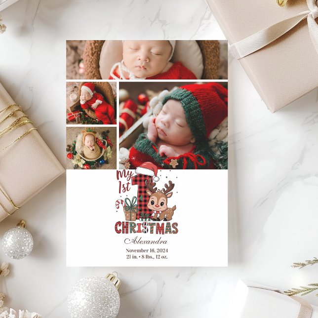 5 Photo Plaid Reindeer First Christmas Holiday Card (Creator Uploaded)