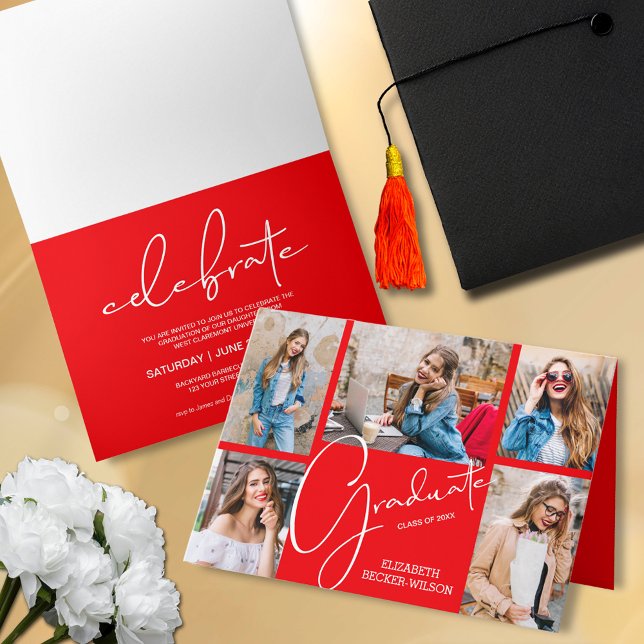 5 Photo Red Graduation Invitation (Folded 5 photo collage red graduation party invitations)
