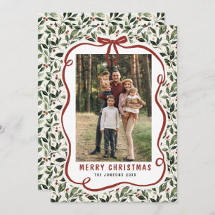 5 Photo Retro Christmas Hand Drawn Red Bow Ribbon Holiday Card