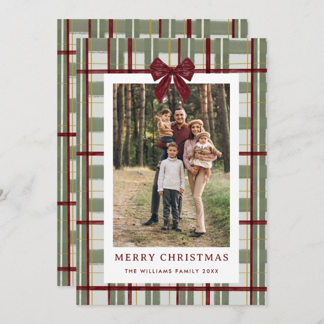 5 Photo Retro Christmas Red Bow Green Plaid Holiday Card (Front/Back)