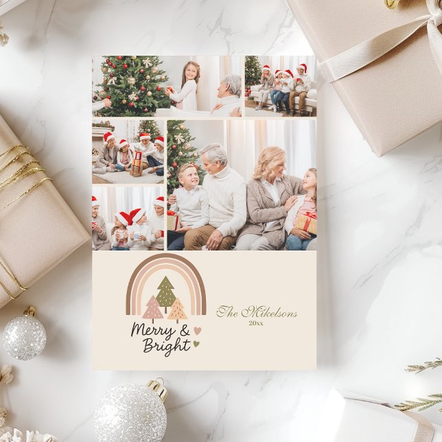 5 Photo Retro Rainbow Merry & Bright  Holiday Card (Creator Uploaded)
