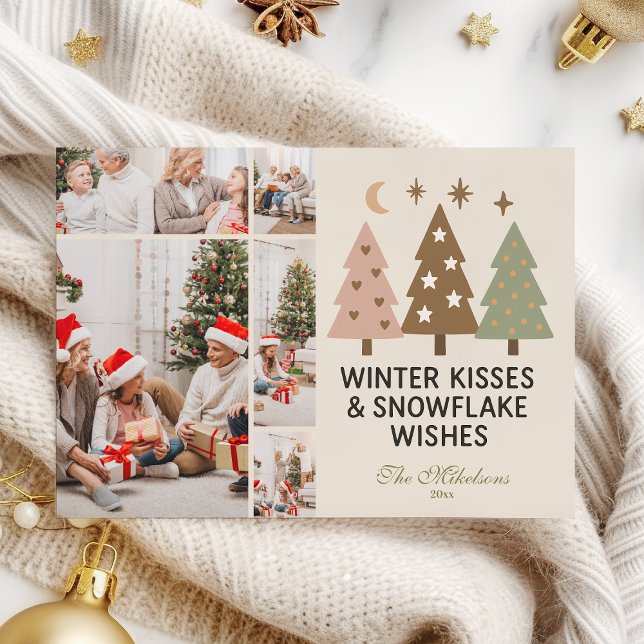  5 Photo Retro Winter Kisses & Snowflake Wishes Holiday Card (Creator Uploaded)