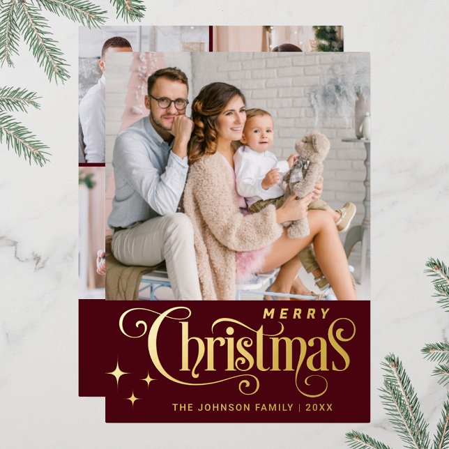 5 PHOTO Sparkle Merry Christmas Greeting (Real foil print Christmas holiday greeting card.)