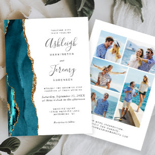 5-Photo Teal Blue Gold Agate Wedding Invitation