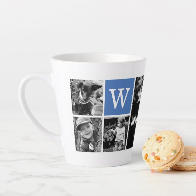 5-Photo Template Blue Monogram Latte Mug (In Situ)