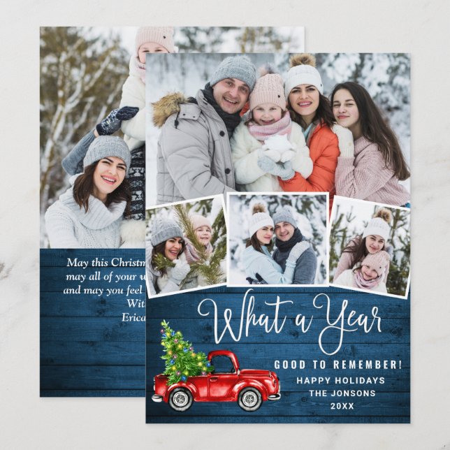 5 Photo What a Year Christmas Red Farm Truck Holiday Card (Front/Back)