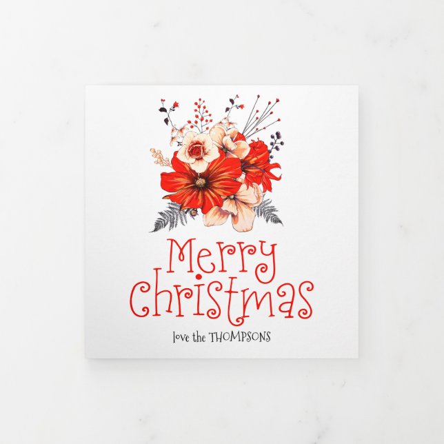 5 Photo Year In View Festive Newsletter Floral Red Tri-Fold Holiday Card (Cover)