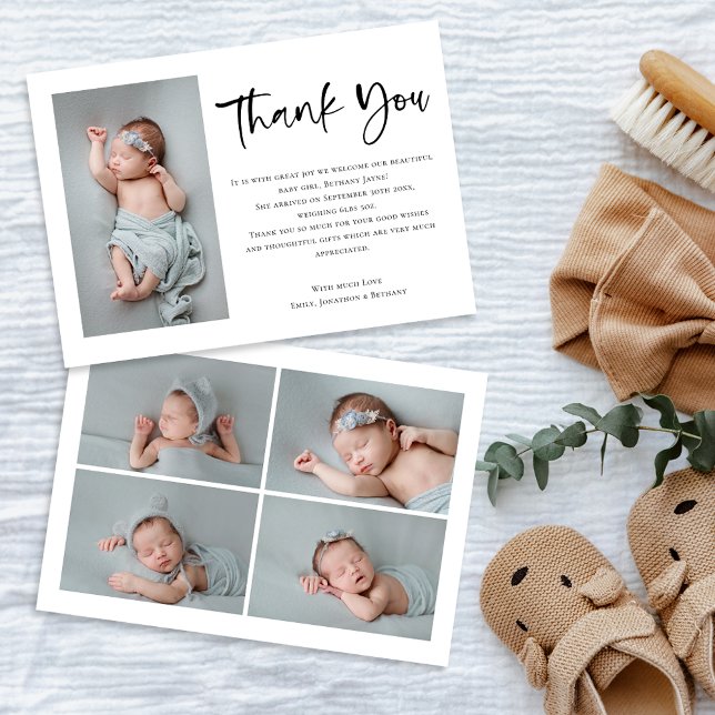 5 Photos Baby Girl or Boy Script Thank You Announcement (Front and back view)
