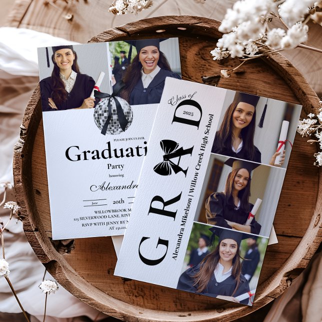 5 Photos Black Bow  Disco Ball Graduation Party  Invitation (Creator Uploaded)