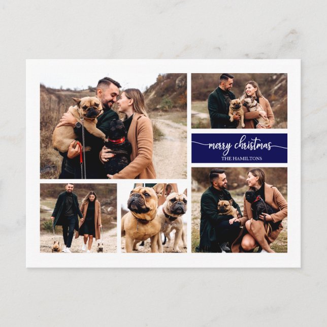 5 Photos Collage Chic Script Merry Christmas Blue Postcard (Front)
