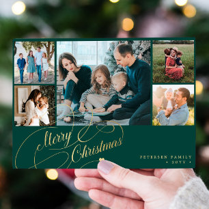5 photos Merry Christmas elegant script collage Holiday Card