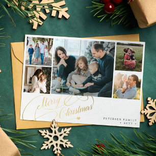 5 photos Merry Christmas elegant script collage Holiday Card