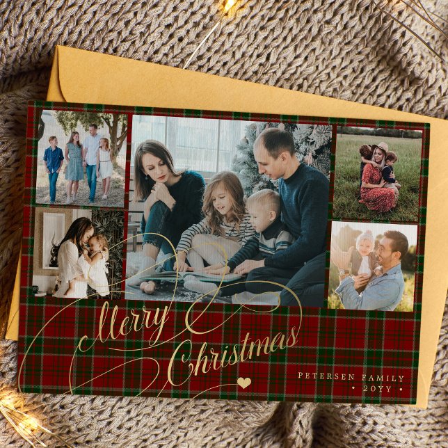 5 photos Merry Christmas elegant script red plaid  Holiday Card (Creator Uploaded)
