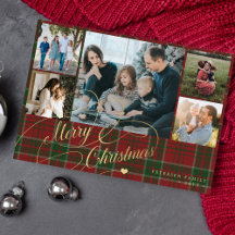 5 photos Merry Christmas elegant script red plaid 
