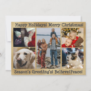 5 Photos Merry Christmas Happy Holidays Gold Holiday Card