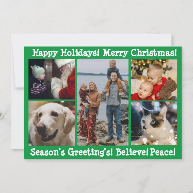 5 Photos Merry Christmas Happy Holidays Modern Holiday Card (Front)