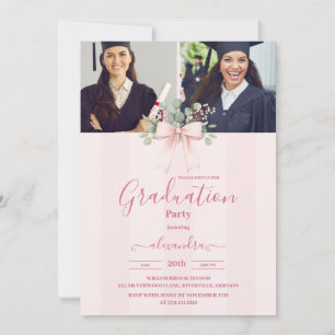 5 Photos Pink Bow Grad Celebration Invitation