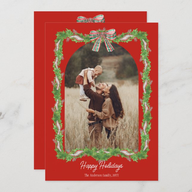 5 photos plaid bow rustic Christmas Photo Holiday Card (Front/Back)