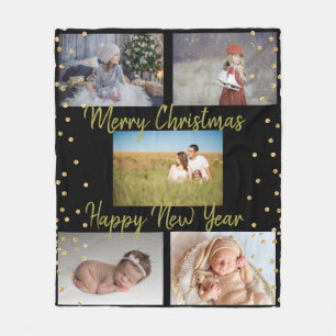 5 Pics Family Collage Gold Script Christmas Fleece Blanket