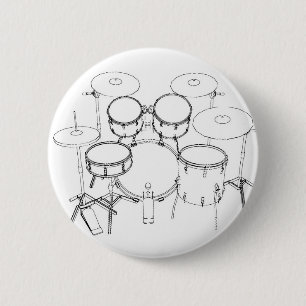 5 Piece Drum Kit: Black & White Drawing: 6 Cm Round Badge