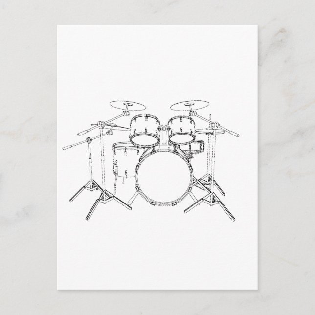 5 Piece Drum Kit: Black & White Drawing: Postcard (Front)