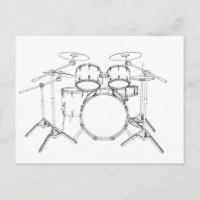 5 Piece Drum Kit: Black & White Drawing: