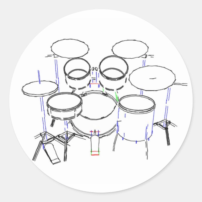 5 Piece Drum Kit: Marker Drawing: Classic Round Sticker (Front)