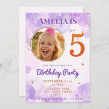 5 Purple Gold Star Bubbles 5th Birthday Invitation