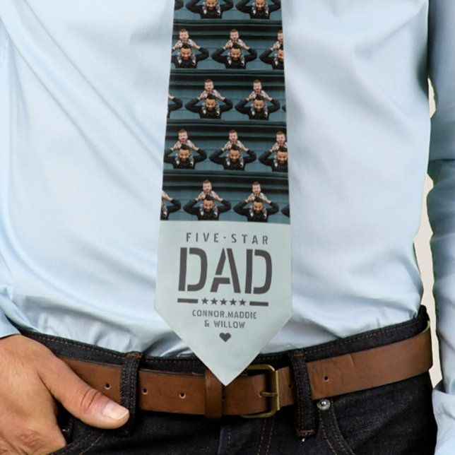 5 STAR DAD Modern Cool 2 Photo Father's Day Tie (Tie with a repeating photo pattern and a Five Star Dad typographic design as well as custom text)