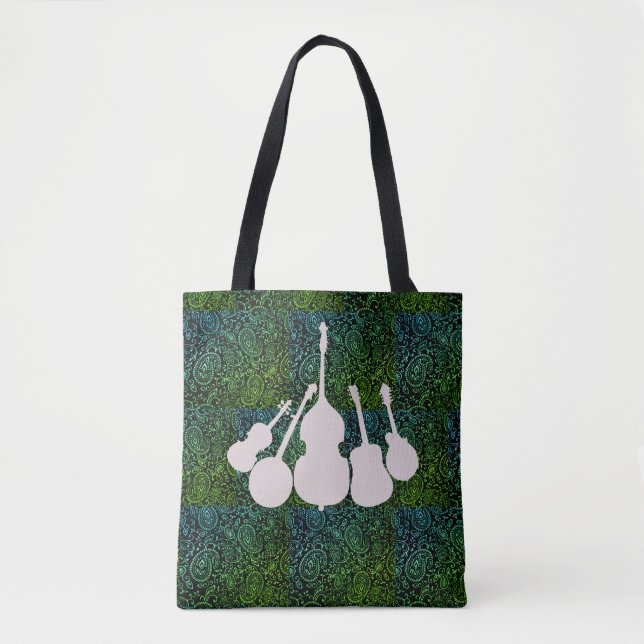 5 STRINGED INSTRUMENTS ON GREEN TOTE BAG (Front)