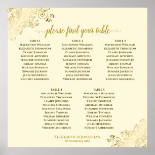 5 Table Cream Wedding Seating Chart w/ Gold Frills