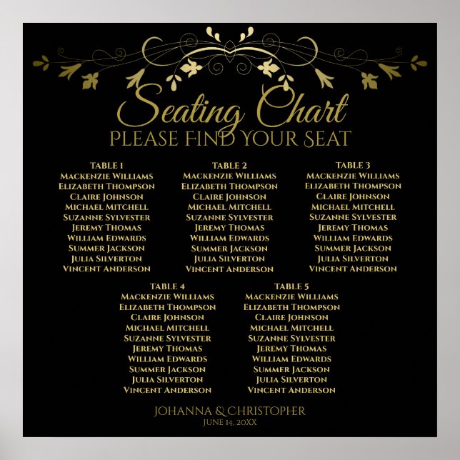 5 Table Elegant Gold & Black Wedding Seating Chart (Front)