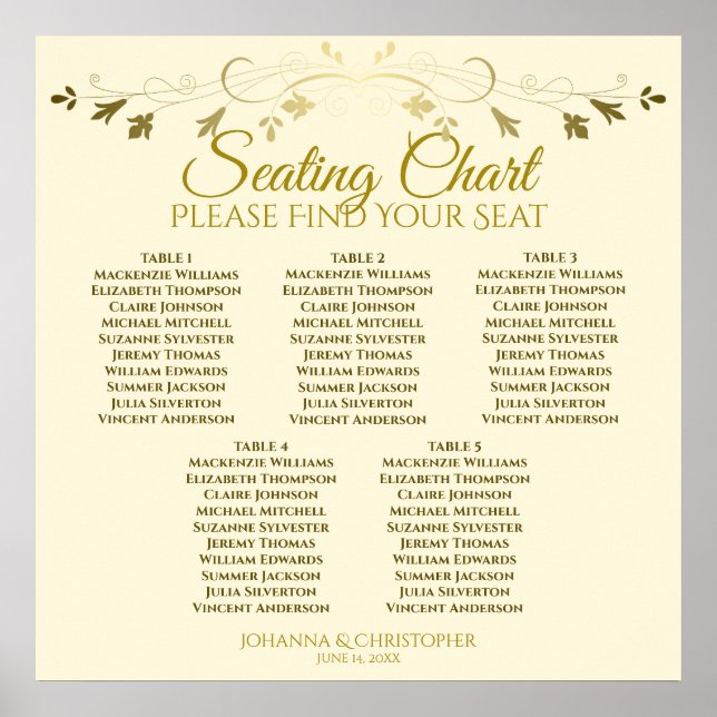 5 Table Elegant Gold & Cream Wedding Seating Chart (Front)