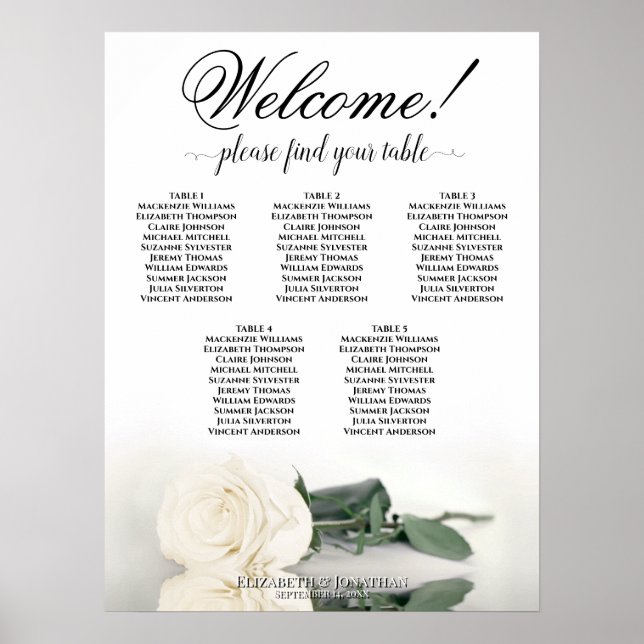 5 Table Elegant White Rose Wedding Seating Chart (Front)