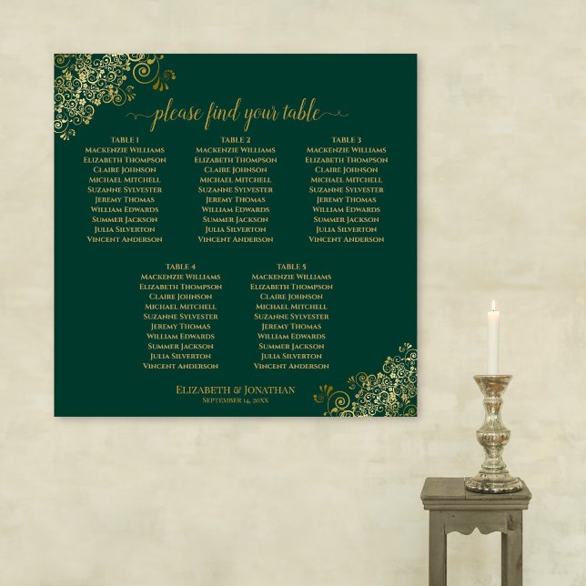 5 Table Emerald Green & Gold Wedding Seating Chart (In Situ on Wall)