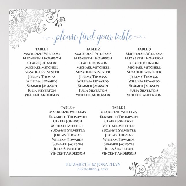 5 Table Lacy Wedding Seating Chart Blue on White (Front)