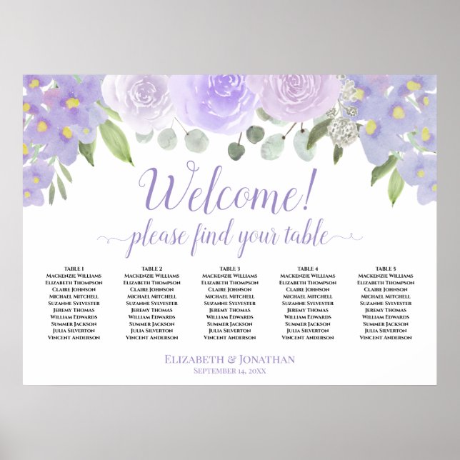 5 Table Lavender Floral Welcome Seating Chart (Front)