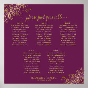 5 Table Magenta Plum & Gold Wedding Seating Chart