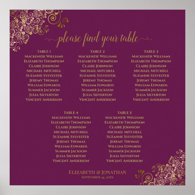 5 Table Magenta Plum & Gold Wedding Seating Chart (Front)