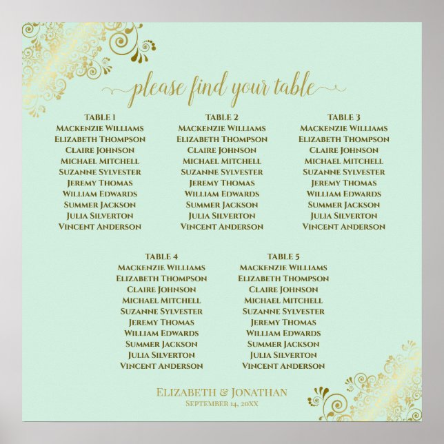 5 Table Neo Mint & Gold Wedding Seating Chart (Front)