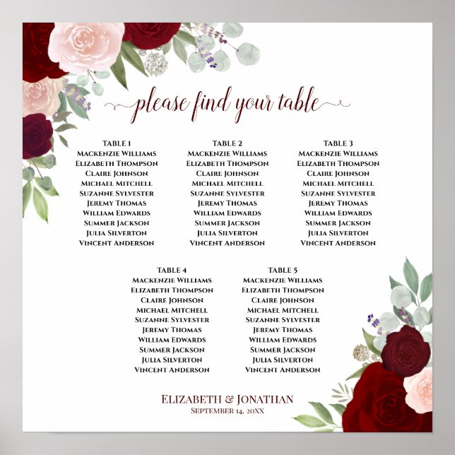5 Table Red & Pink Floral Wedding Seating Chart (Front)