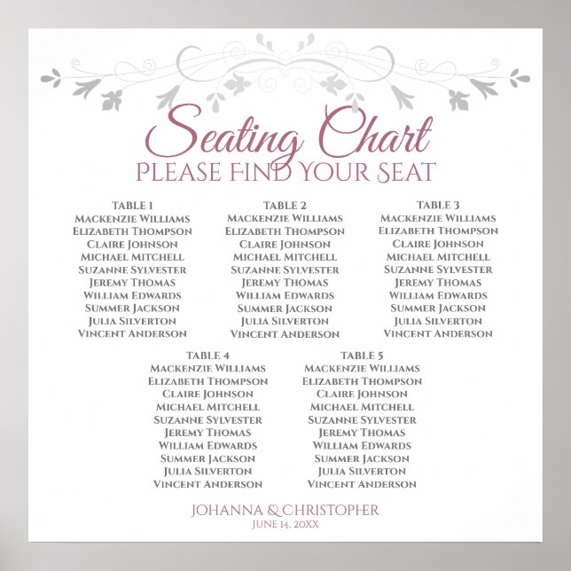 5 Table Rose & White Elegant Wedding Seating Chart (Front)