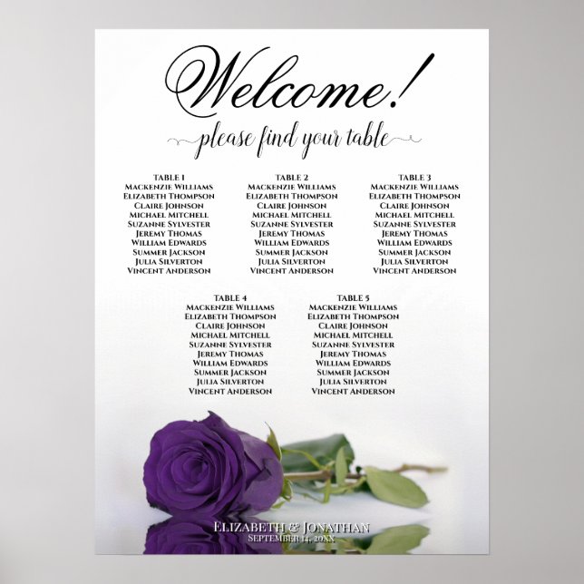 5 Table Royal Purple Rose Wedding Seating Chart (Front)