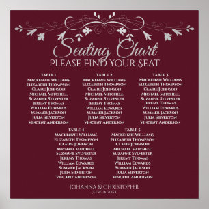 5 Table Silver & Burgundy Wedding Seating Chart