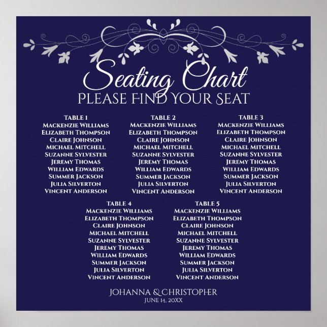 5 Table Silver Floral Navy Wedding Seating Chart (Front)