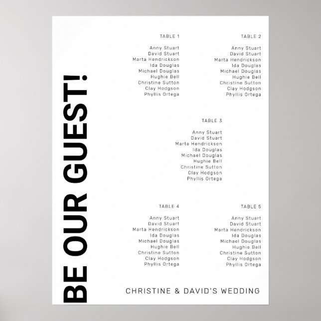 5 table Simple White Wedding seating chart (Front)
