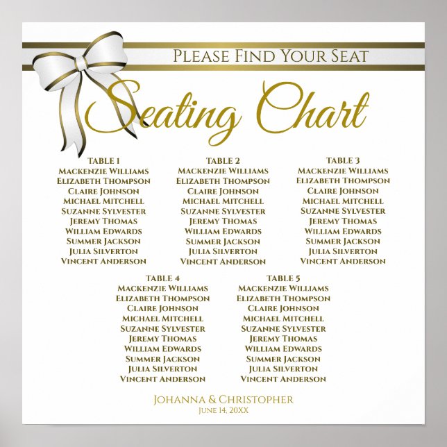 5 Table White & Gold Ribbon Wedding Seating Chart (Front)