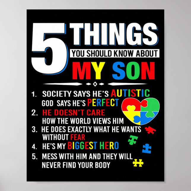 5 Things You Should Know About My Son Autism Aware Poster (Front)